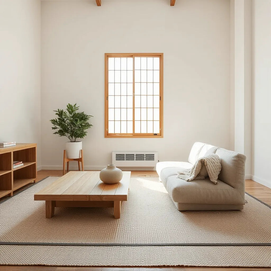 Low wooden coffee table and floor seating in a bright Japanese minimalist living room with shoji light