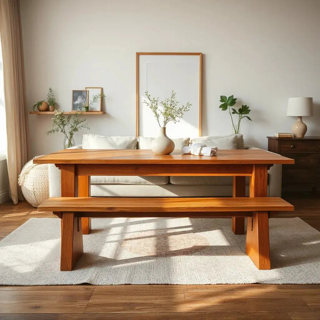Handcrafted wooden dining table and bench in a modern living room with warm natural light