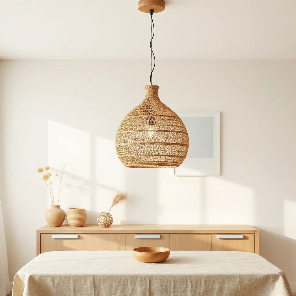 Woven pendant light with warm glow hanging above a minimal dining setup
