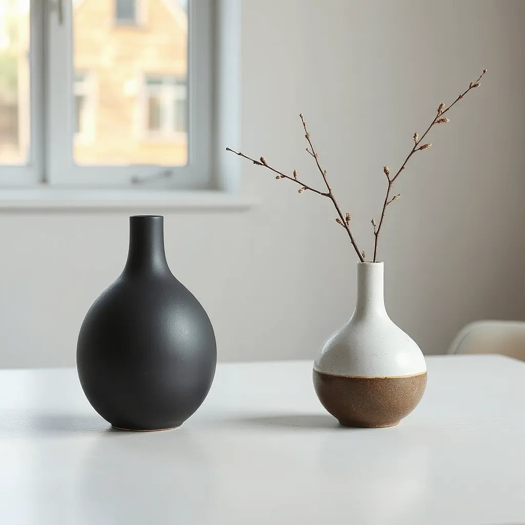 Matte ceramic sculptural vases with tapered silhouettes on a neutral tabletop under soft natural light