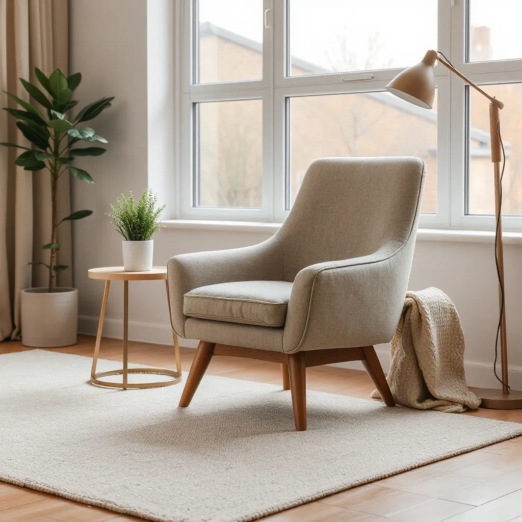 Modern upholstered chair in a bright living room with a side table, lamp, and simple decor
