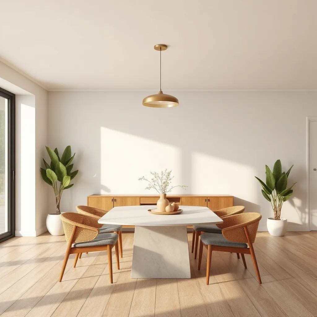 Modern pendant light centered over a dining table in a warm, minimal dining room