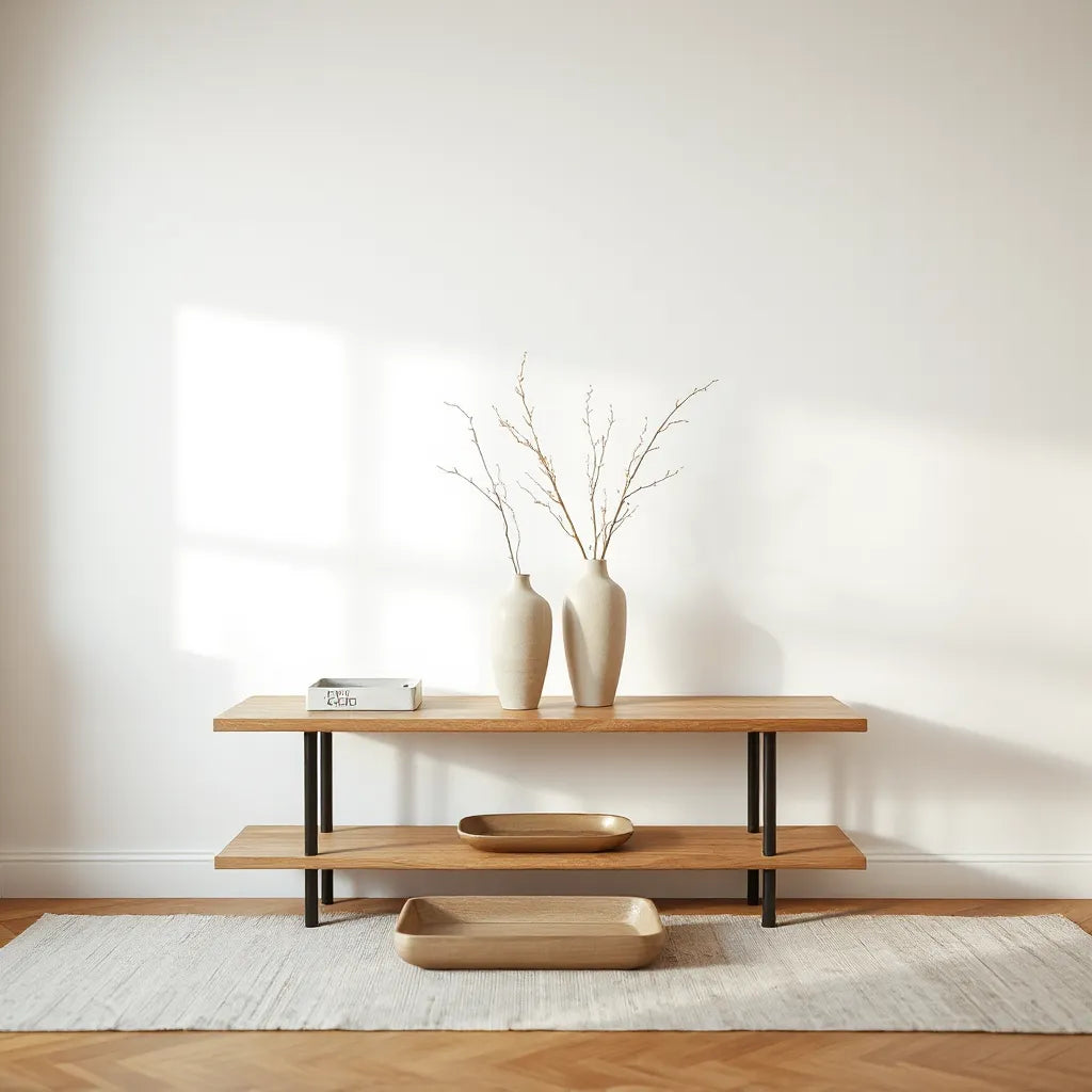 Asymmetrical ceramic vases of different heights styled on a neutral console with dried stems