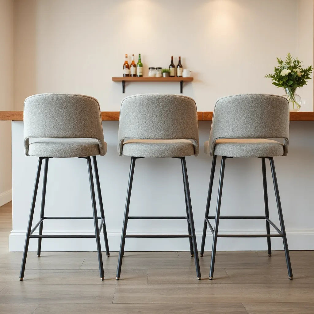 Modern bar stools with upholstered seats at a kitchen counter height