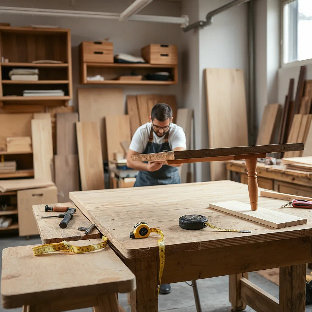Designer assembling a custom wooden dining table with tools and wood samples in a bright workshop