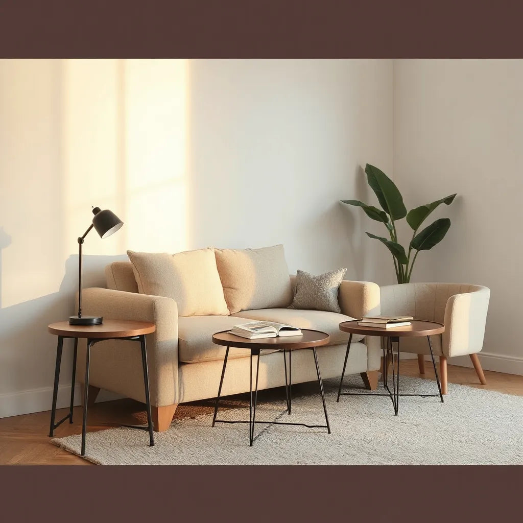 Modern side tables next to a sofa with a lamp and book in a bright living room