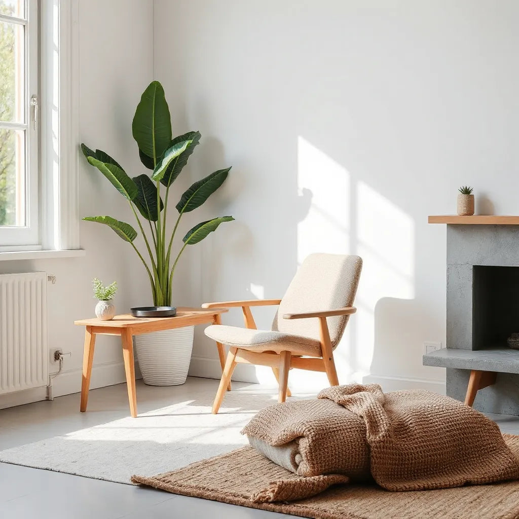 An Izumi chair in a bright living room with a small side table and minimal decor