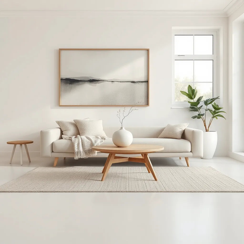 Minimalist living room with neutral decor, sculptural vase, and calm modern layout