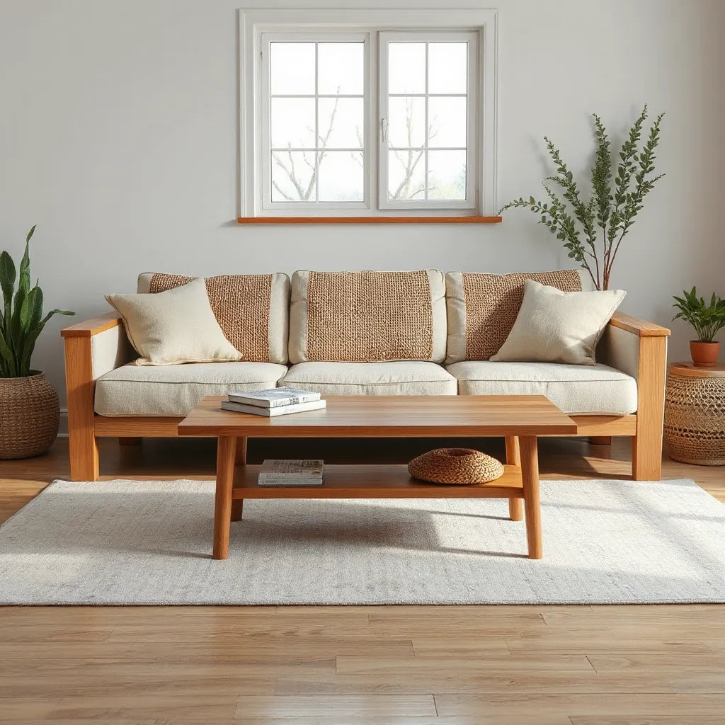 Modern sofa and coffee table with natural wood and woven eco-friendly upholstery in soft daylight