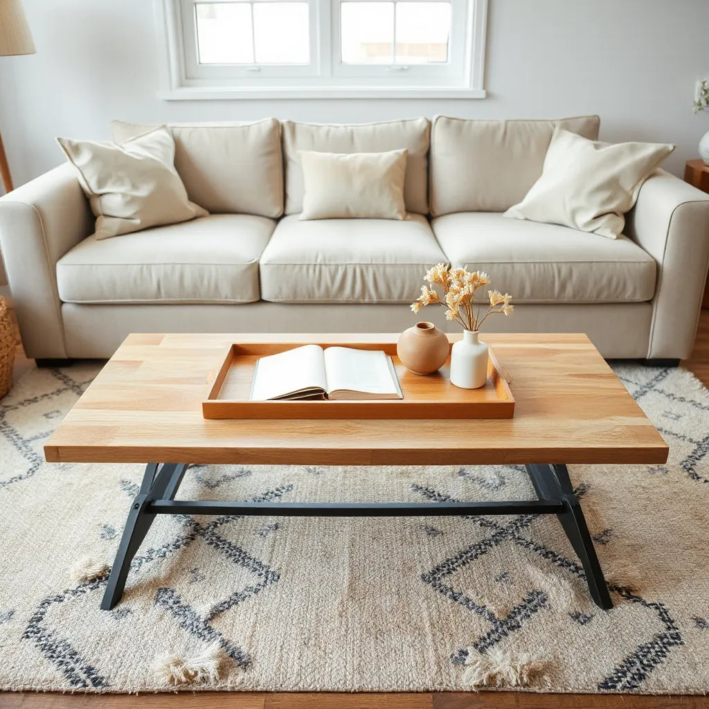 Modern coffee table with a tray, vase, and books in a bright living room