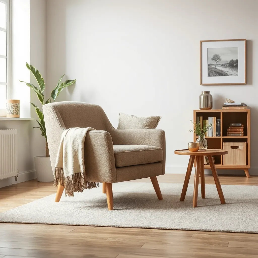 Modern designer armchair in a bright living room with neutral upholstery and natural window light