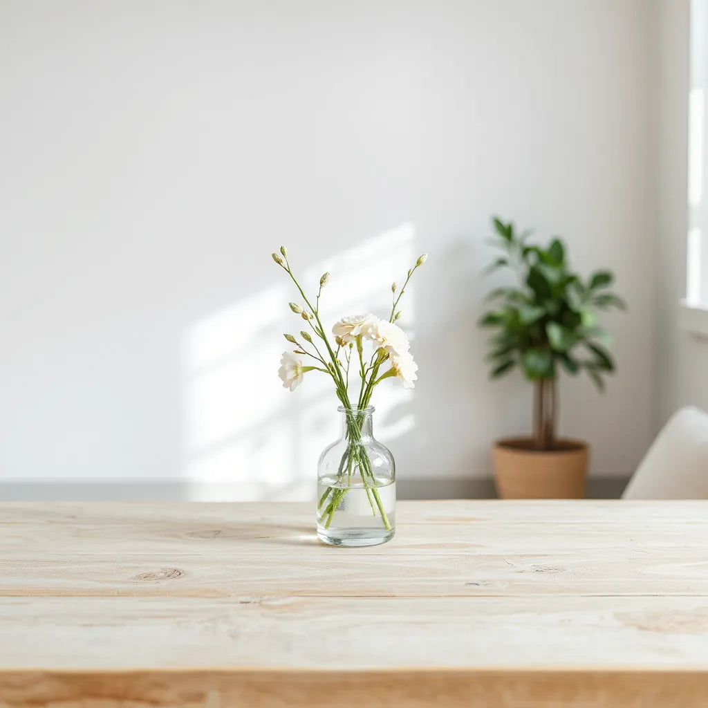 Simple glass vase with muted white and blush flowers in a clean, uncluttered arrangement