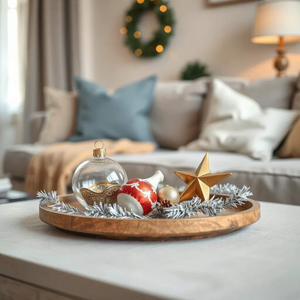 Assorted vintage style ornaments and baubles arranged on a wooden tray with warm lighting