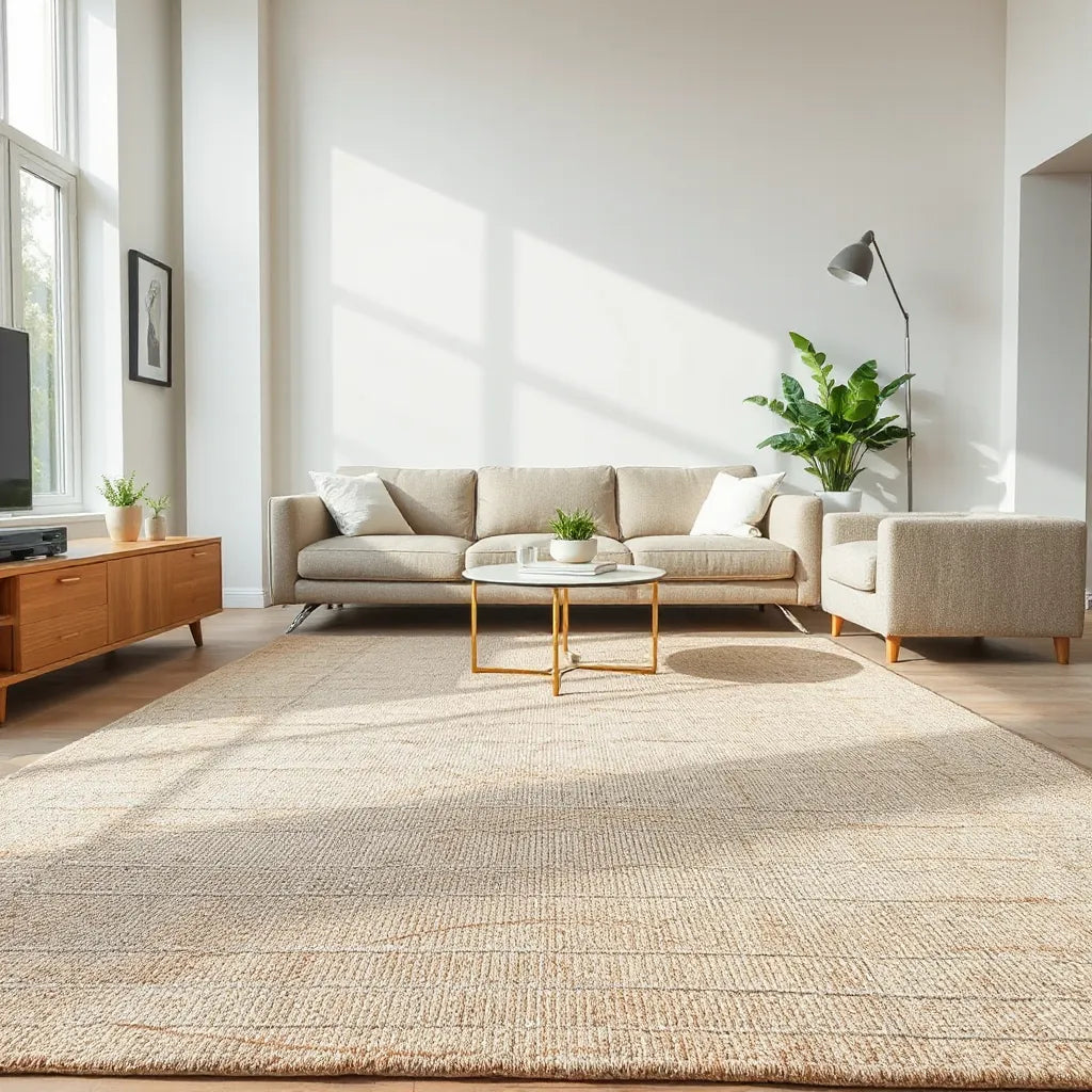 Living room featuring a neatly styled area rug with detailed weave and natural light