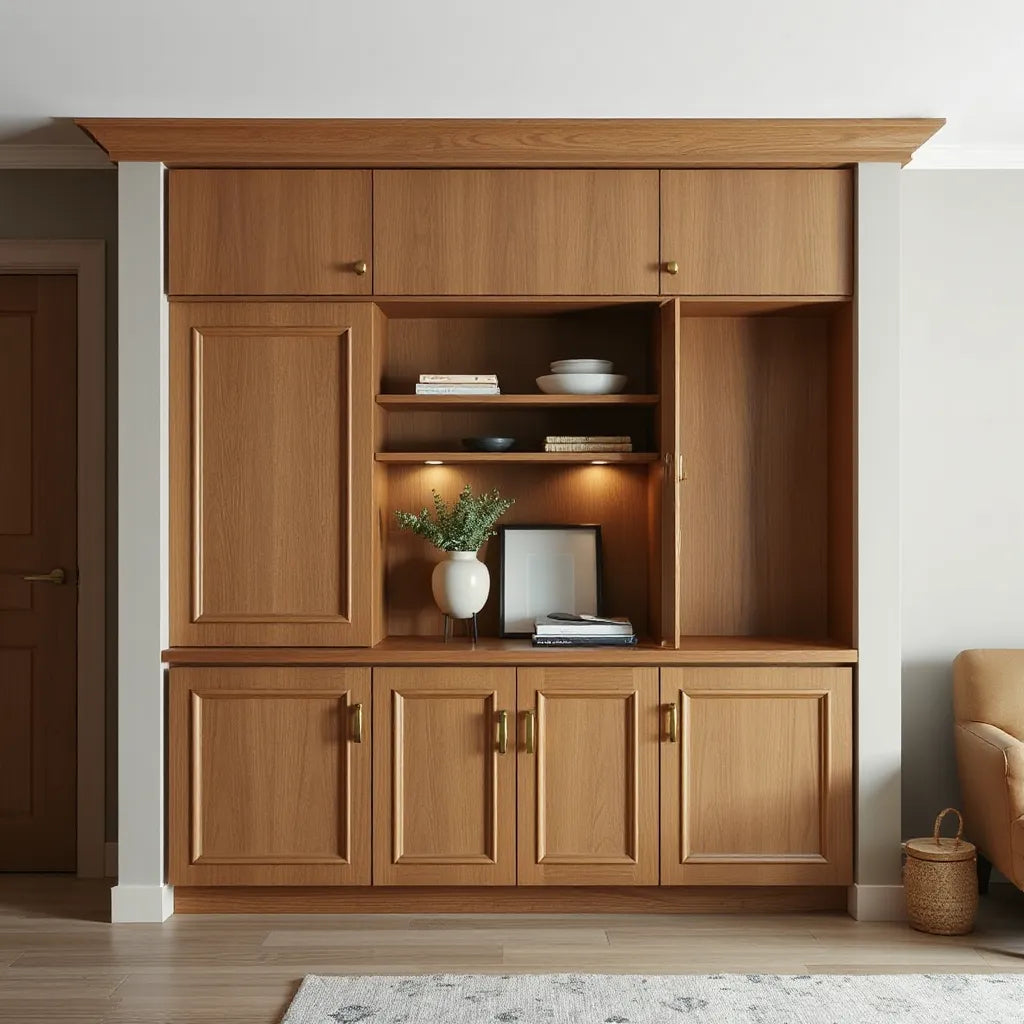 Elegant built-in cabinet with warm wood, subtle door detailing, and brushed brass hardware