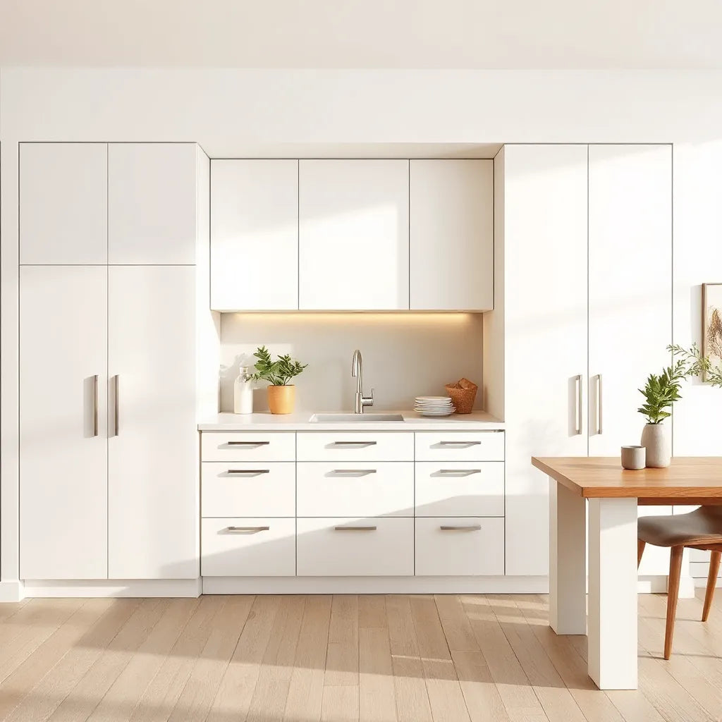Sleek modern flat-panel cabinets with minimal hardware in a bright, uncluttered room