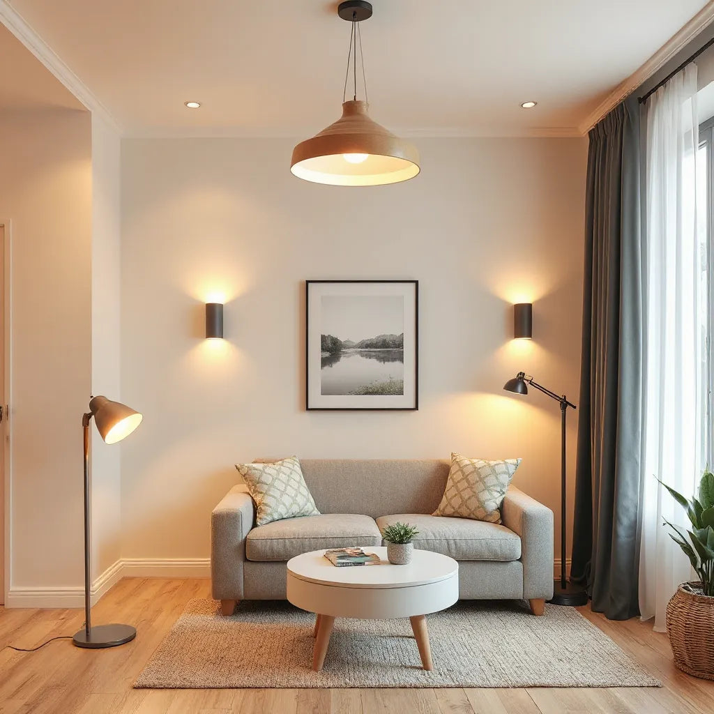 Warm modern pendant and floor lamp lighting a neutral living room and seating area