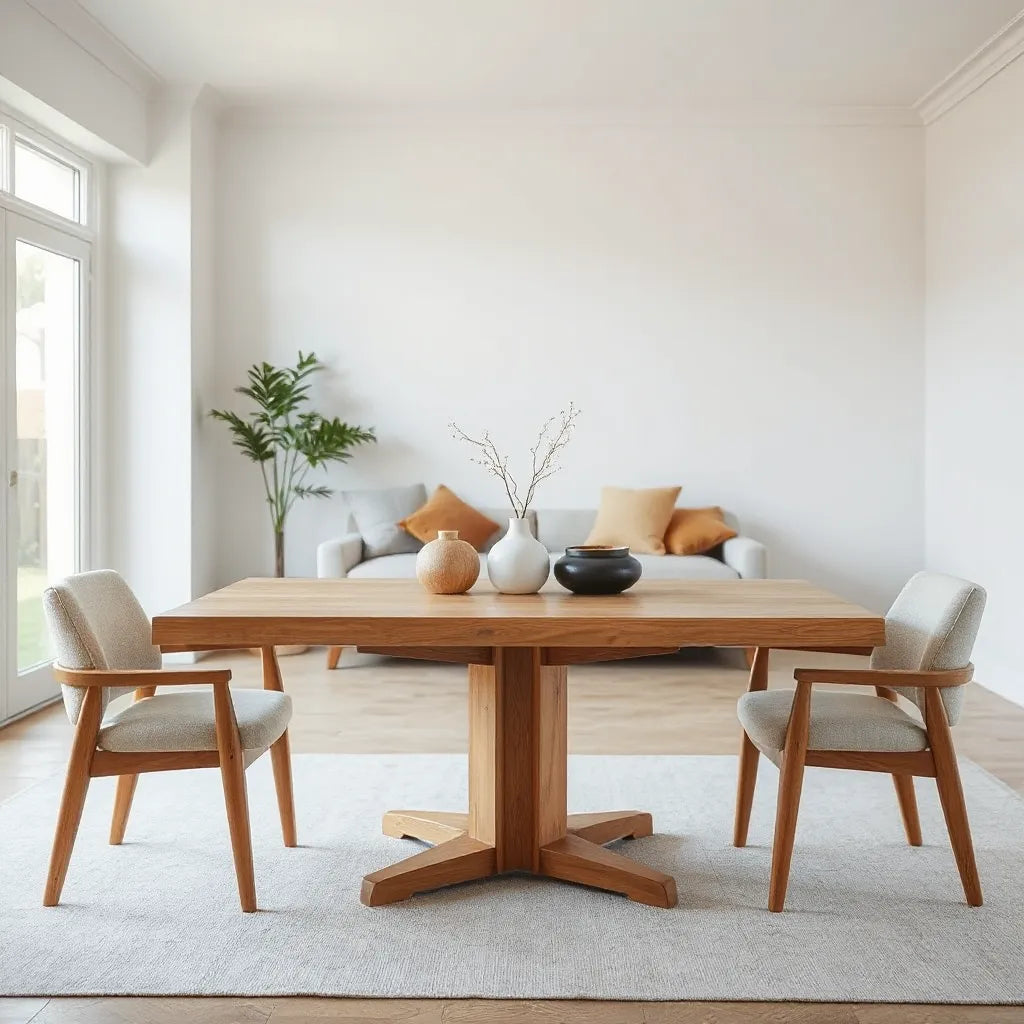 Custom wood dining table and minimalist chairs in a bright, neutral room