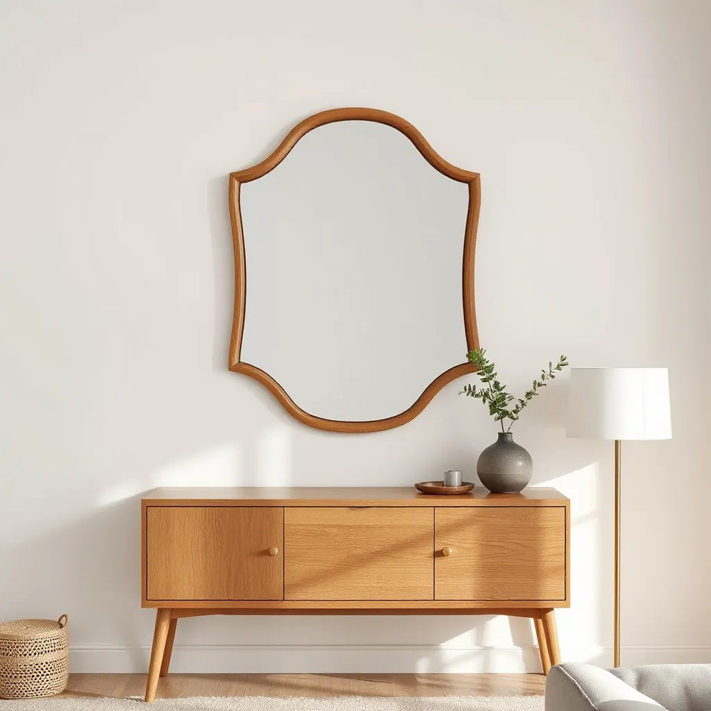 Distinctive wall mirror with sculpted frame above a minimalist console table in a bright living room