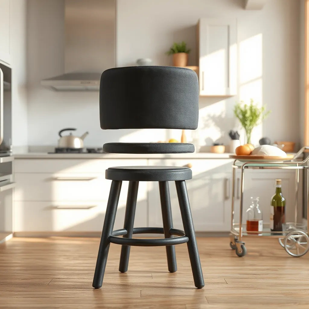 Charcoal bar stool in a modern kitchen with neutral dรฉcor and warm natural light