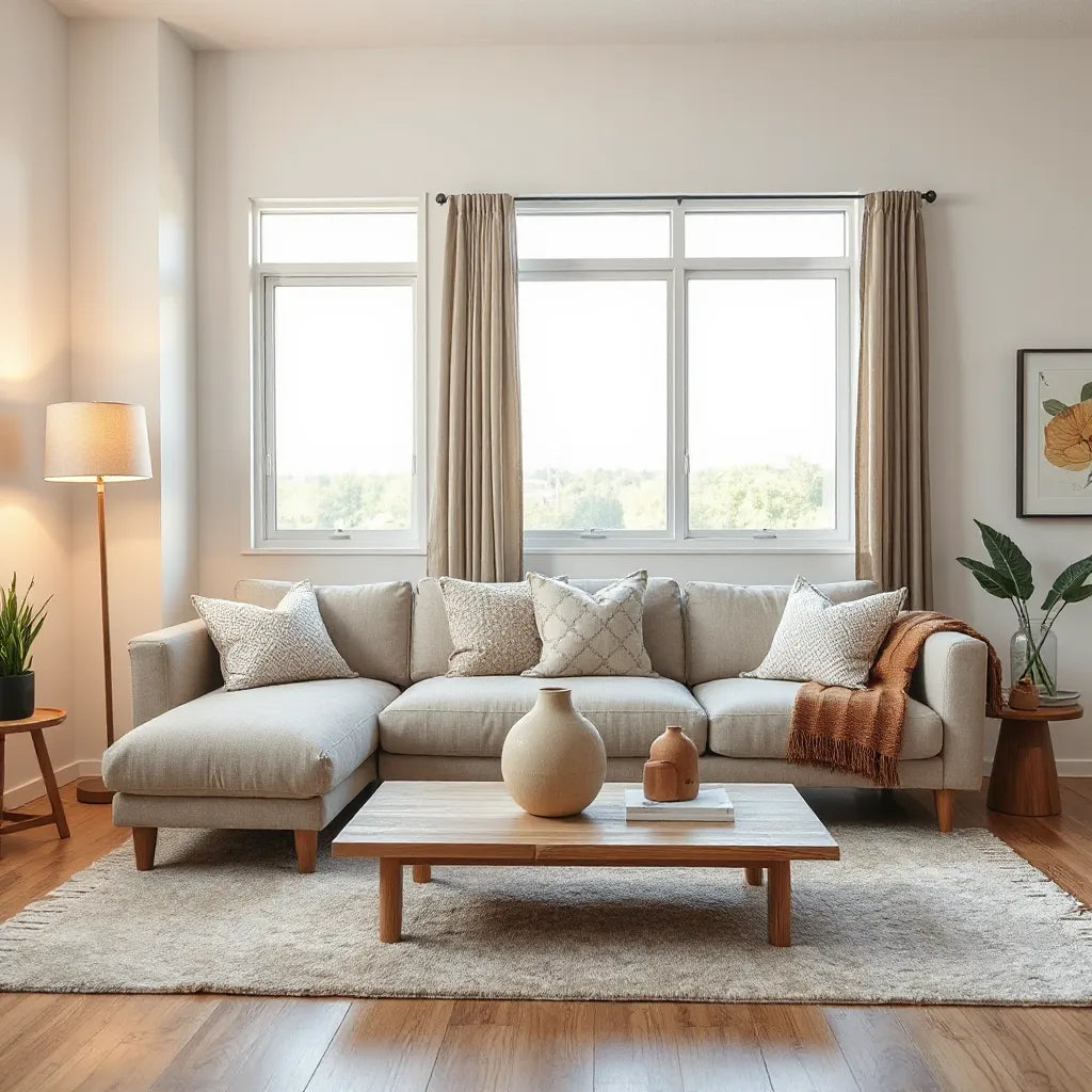 Bright modern living room styled with contemporary decor, neutral sofa, and warm ambient lighting