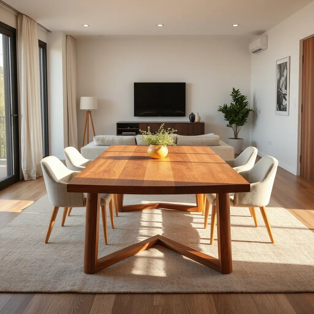 Luxury wooden dining table with visible craftsmanship and upholstered chairs in a warmly lit living space