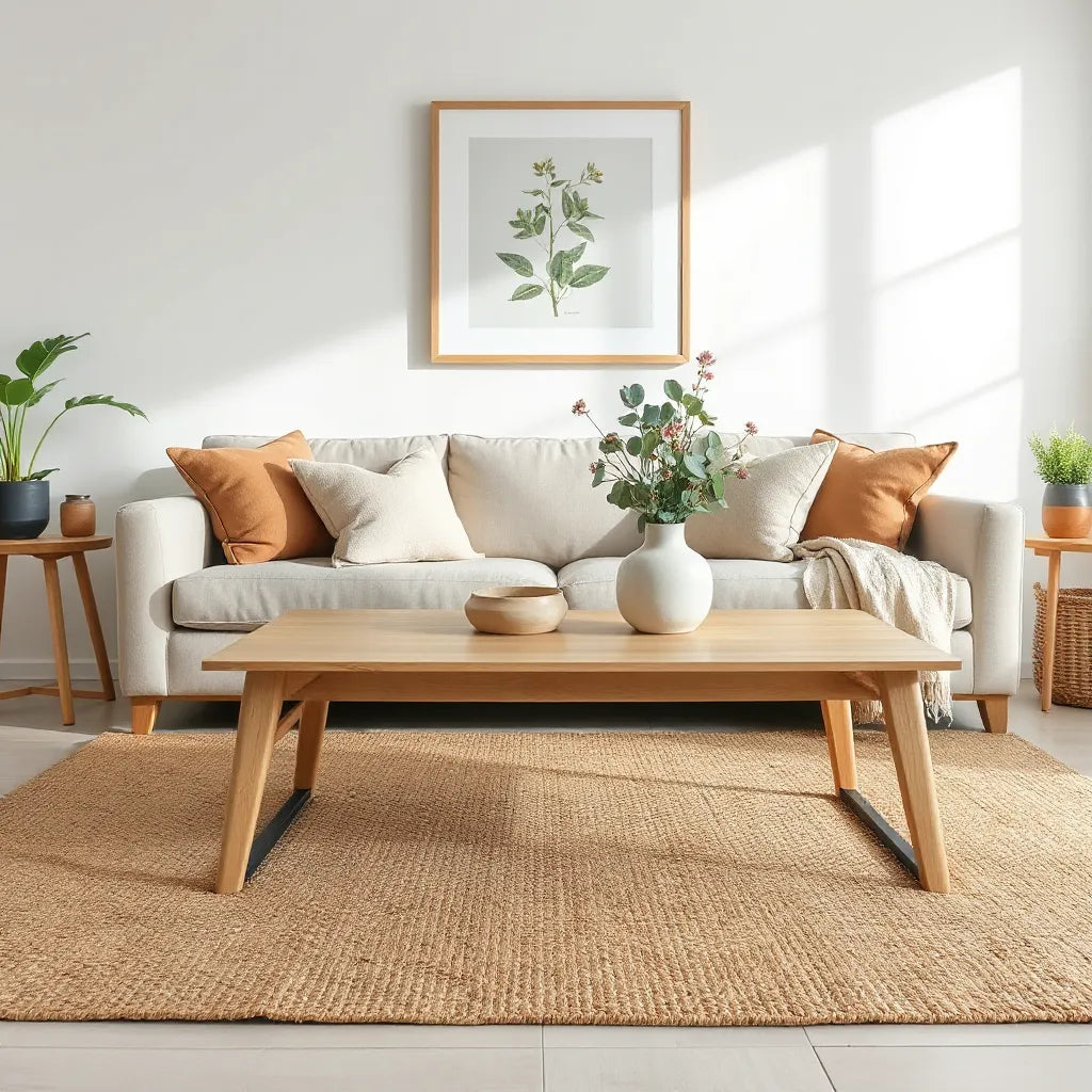 Bright living room styled with light wood, eucalyptus stems, and earthy textiles