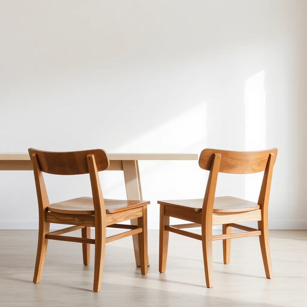 Handcrafted wooden chairs with visible wood grain near a dining table in soft natural light