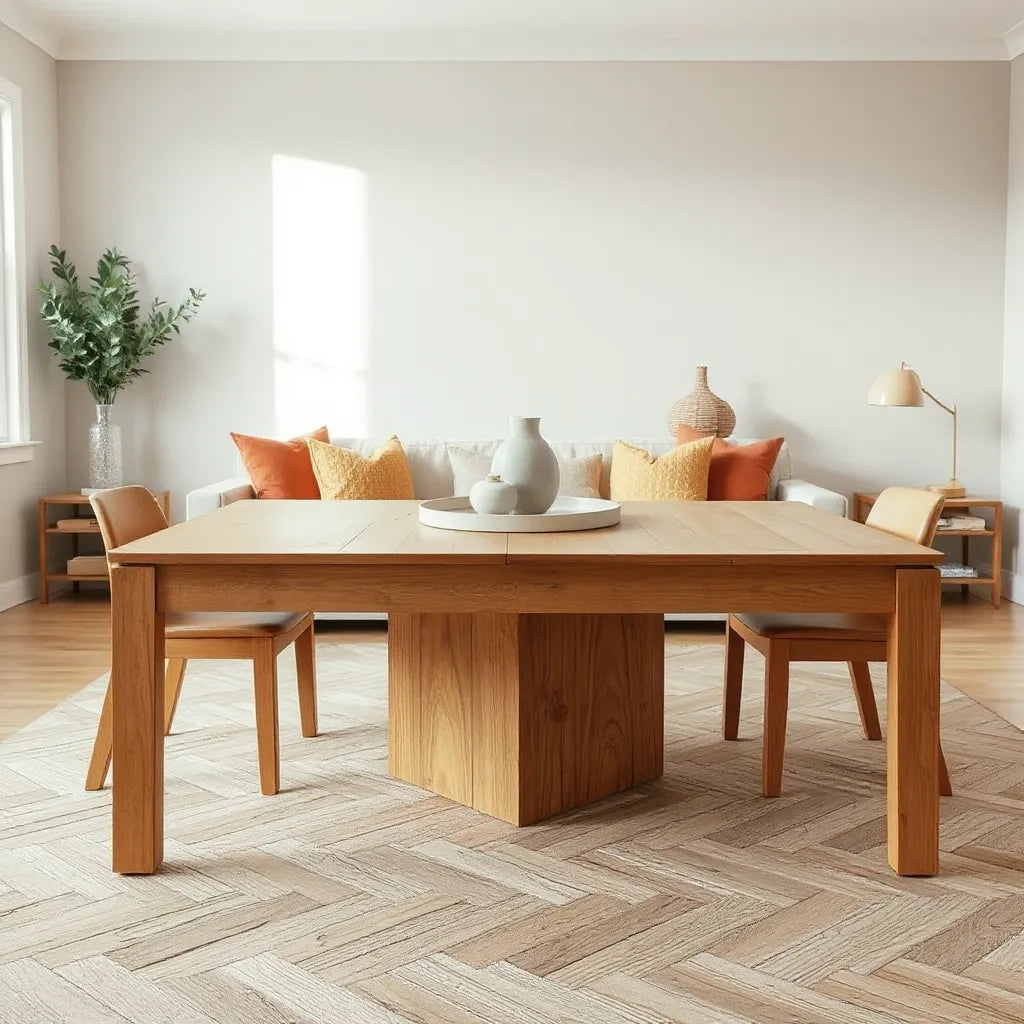 Warm herringbone pattern table styled with a simple vase and neutral decor in a bright room