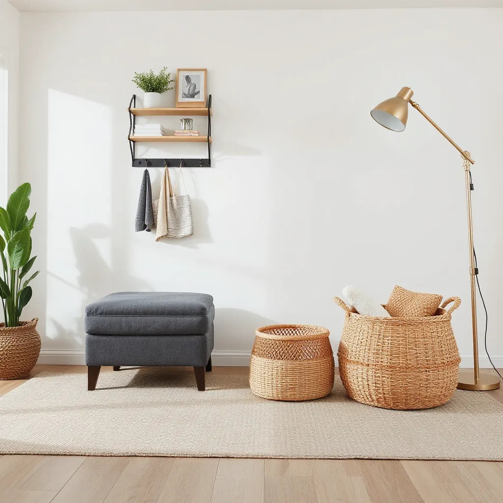 Smarter living room setup with functional storage ottoman, wall organizer, and entry tray for daily essentials