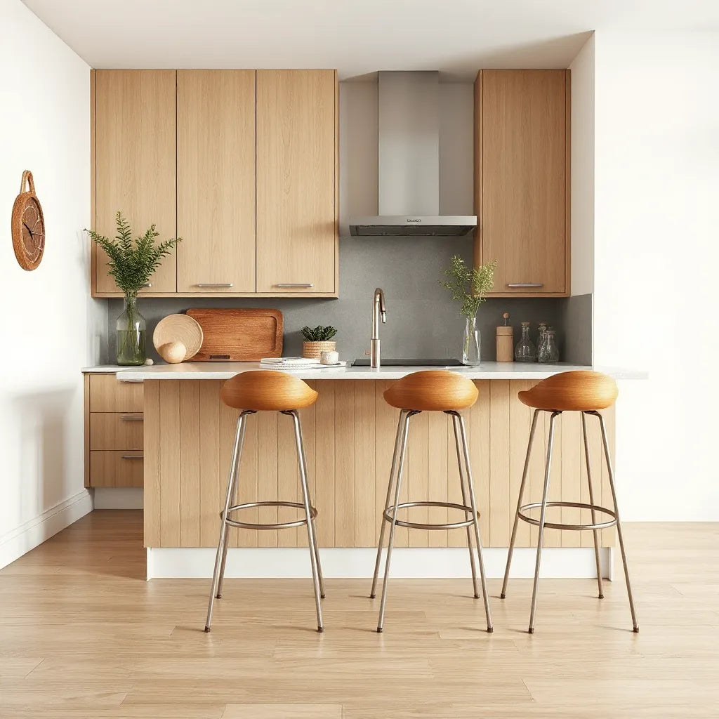 Modern kitchen breakfast bar with sleek bar stools in a clean, neutral style