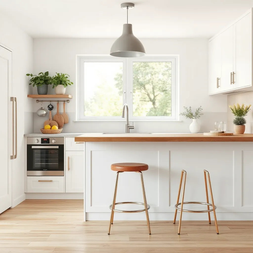 Brick red bar stool at a kitchen counter with neutral decor and natural window light