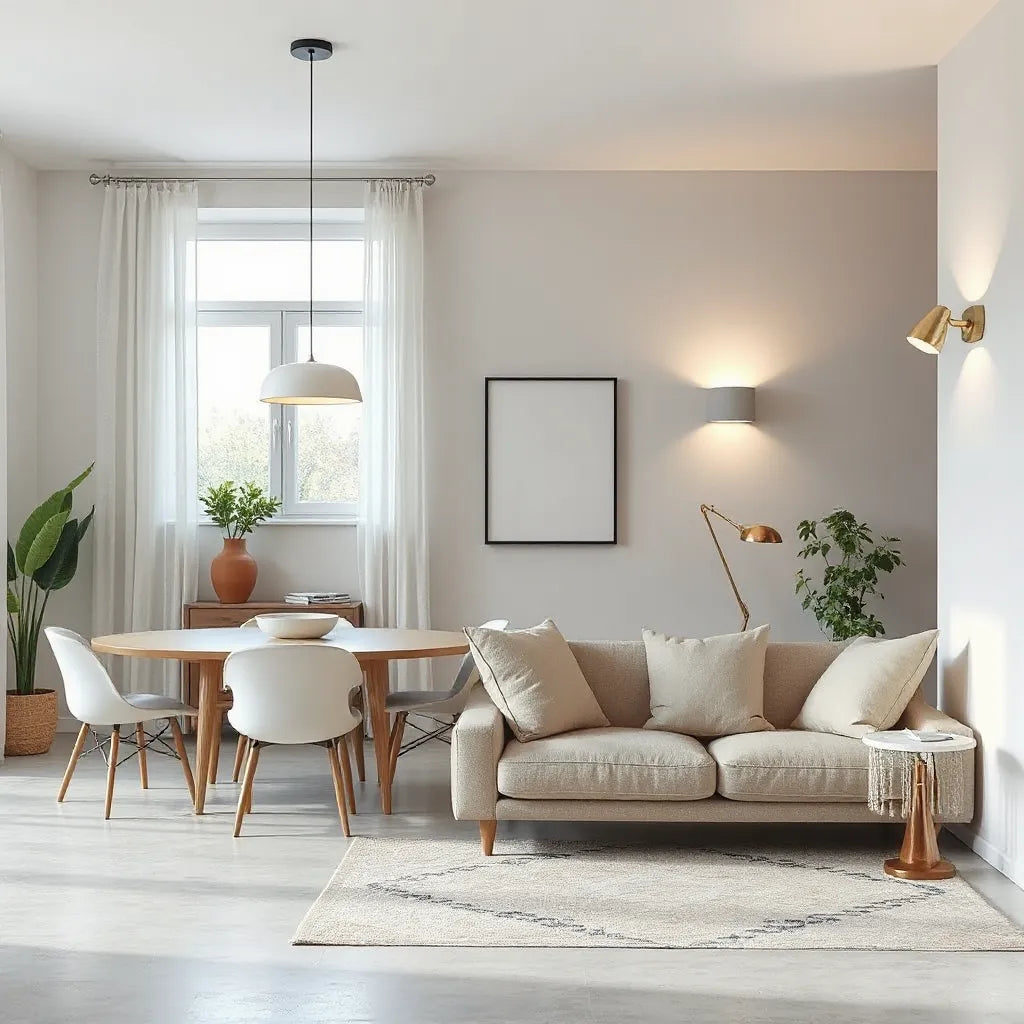 Sleek pendant and wall sconces illuminating a modern living room with neutral decor