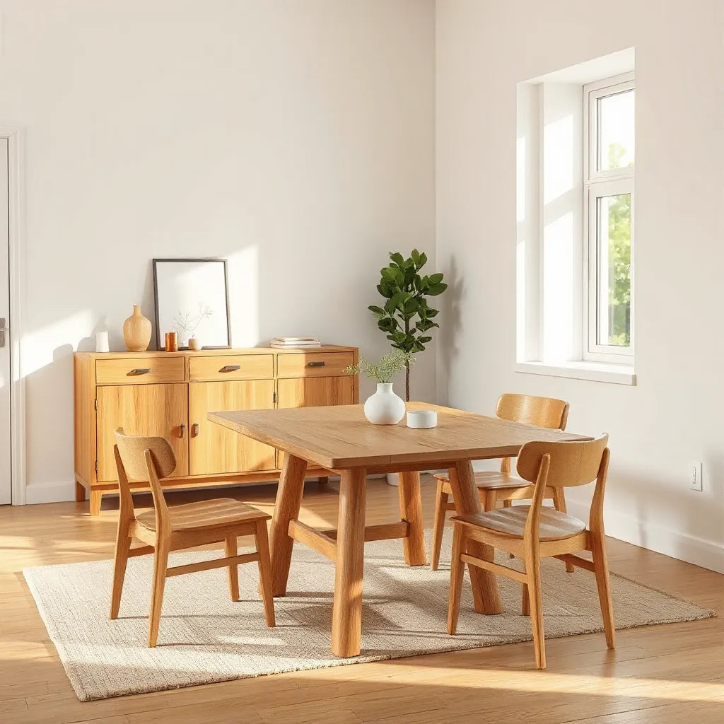 Minimalist wooden dining setup with natural grain furniture in a bright, uncluttered living space