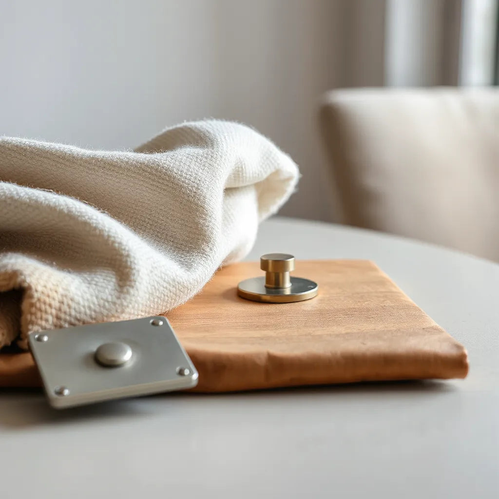 Premium fabric, wood grain, and metal hardware samples arranged with soft natural light