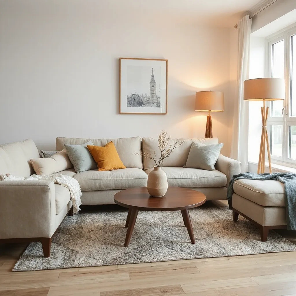 Bright living room styled with neutral sofa, layered decor accents, and warm natural light