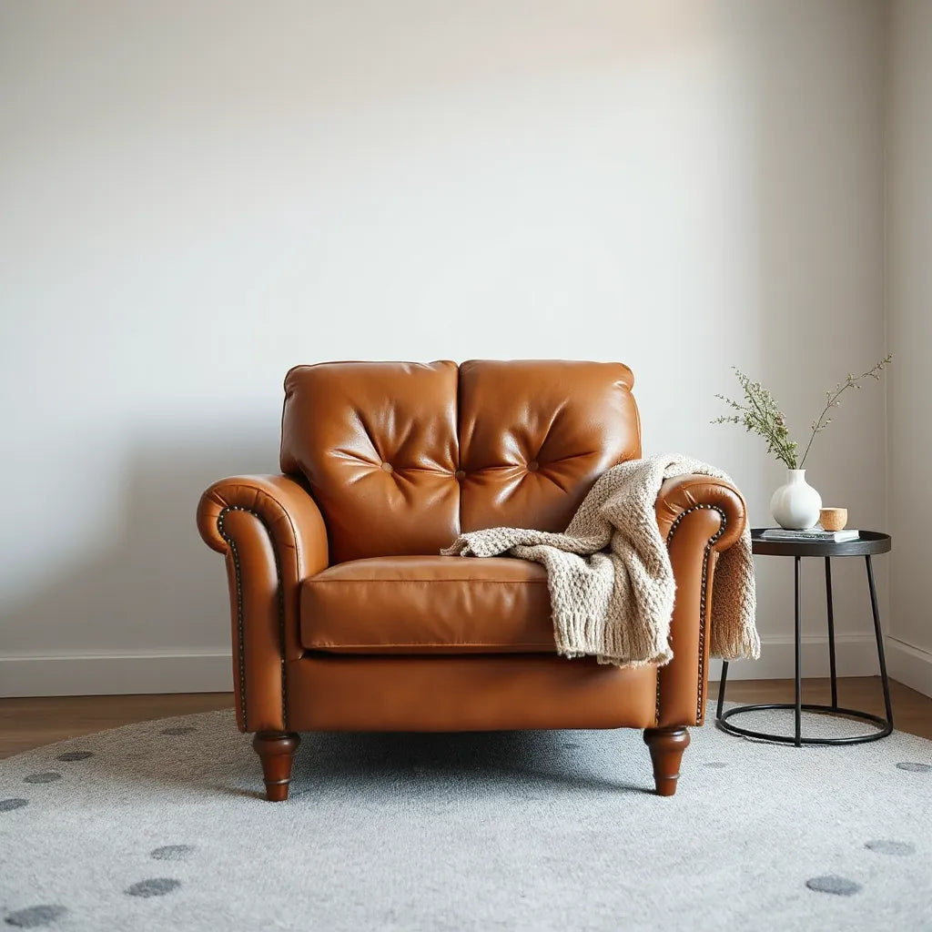Luxurious faux leather chair in a modern living room with warm lighting and minimal decor