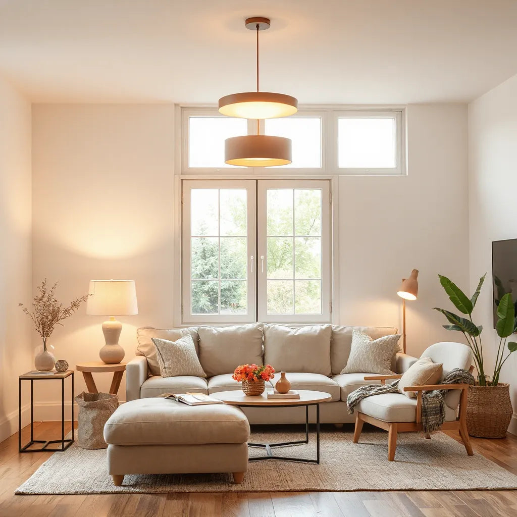 Warm table lamp and overhead light illuminating a modern living room