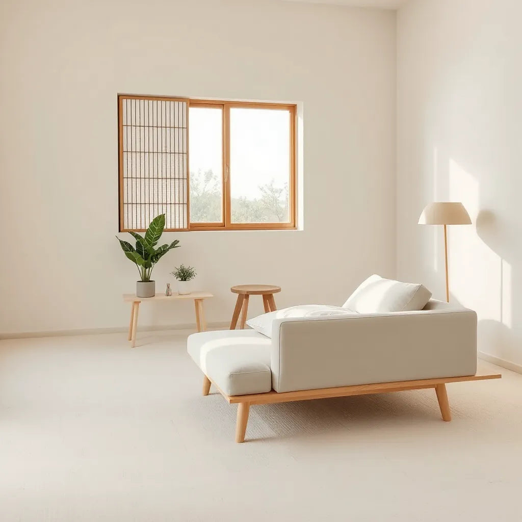 Low minimalist sofa and wooden side table in a bright neutral Japanese-style living room