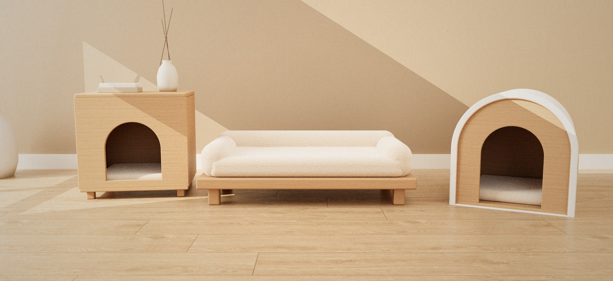 Nisu Home Pet Furniture: Tomo pet cube, Shiro pet sofa and Kamakura cat cave in a sunlit Japandi room