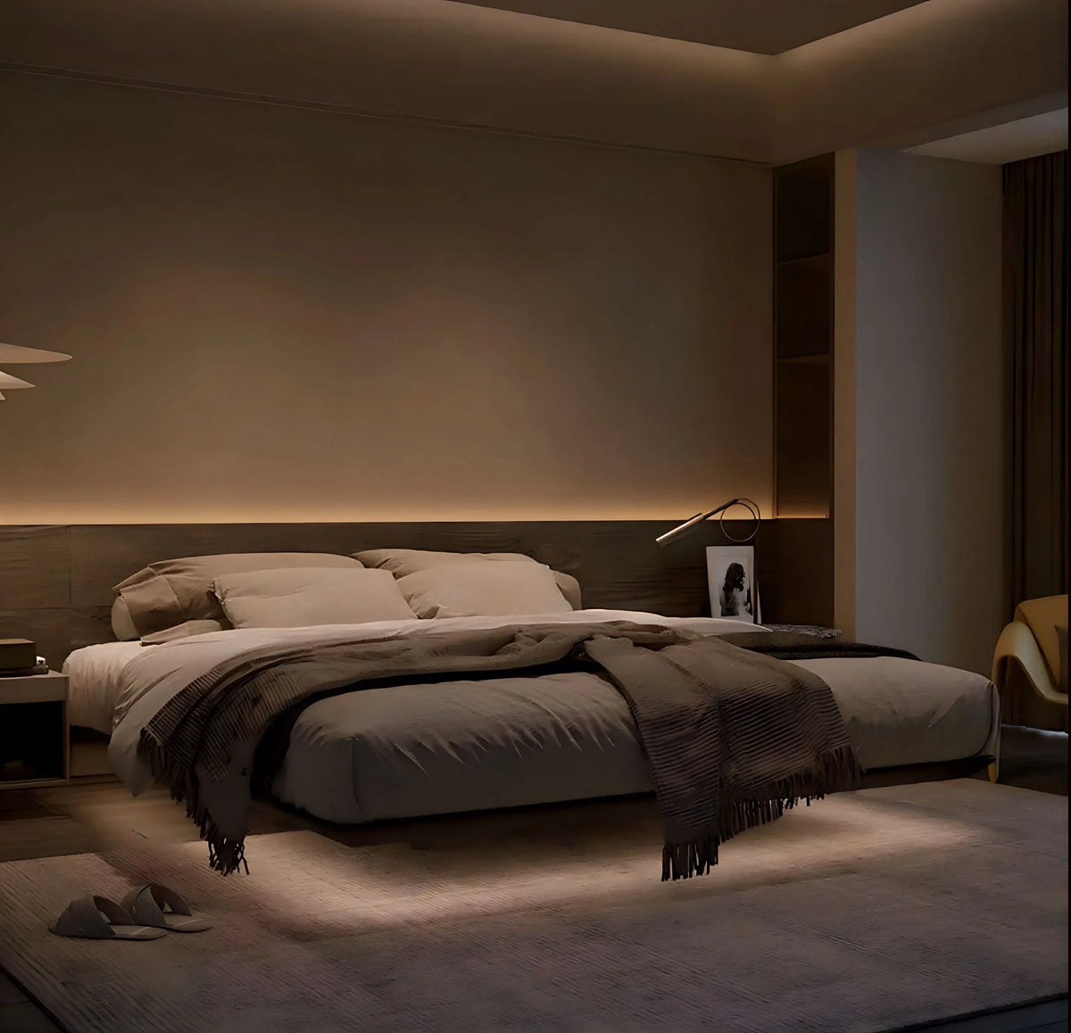 Hidemi Black Floating Bed with Lighting in a bedroom