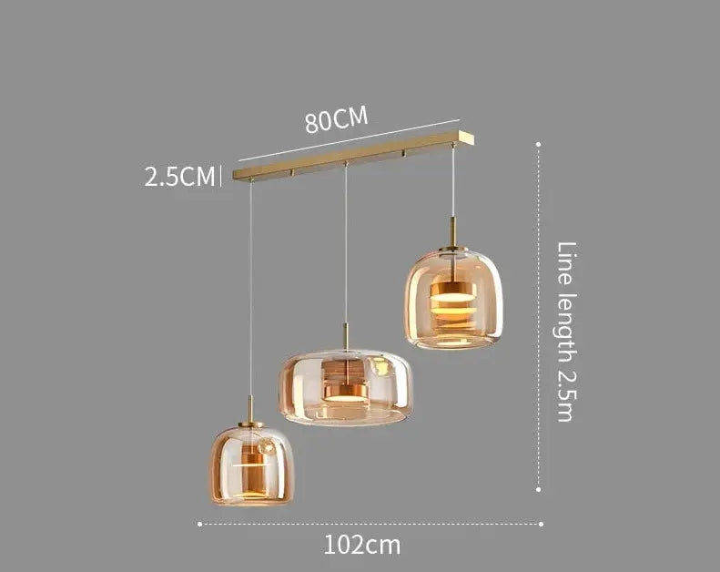 Amber Decao Light, three on a linear bar, with dimensions