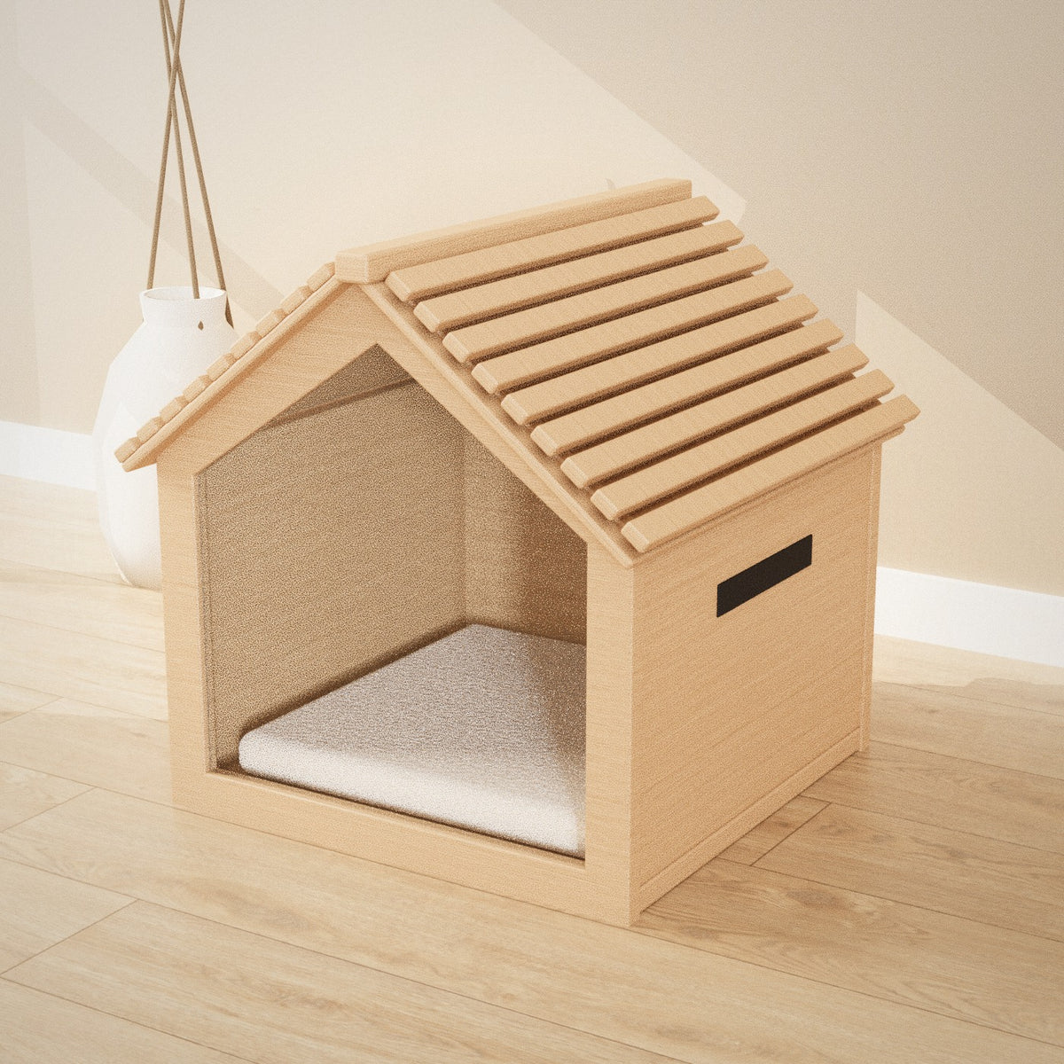 Koya Pet House in natural wood: wooden pet house with a slatted pitched roof and clear front panel