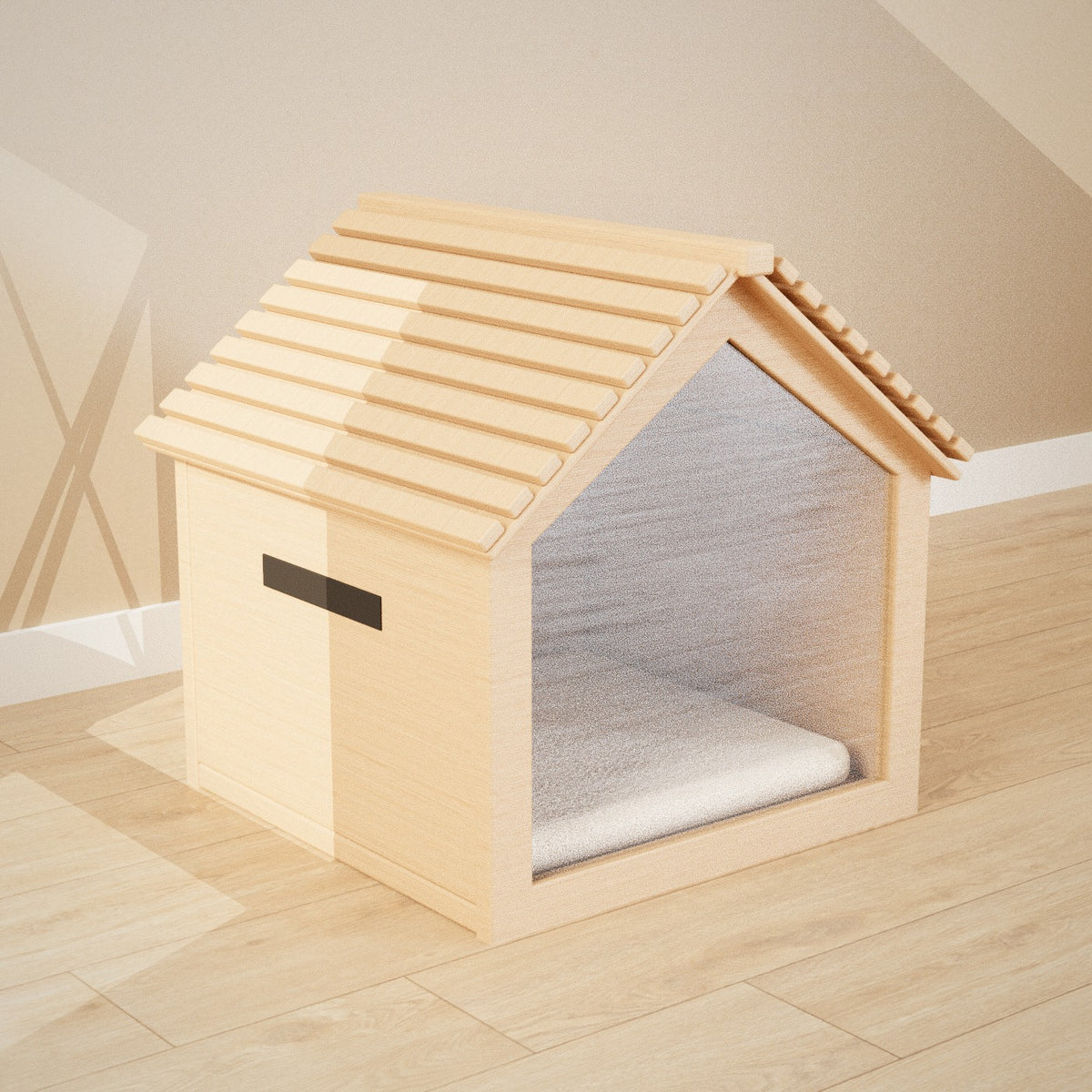 Koya Pet House in natural wood: wooden pet house with a slatted pitched roof and clear front panel, seen from the left