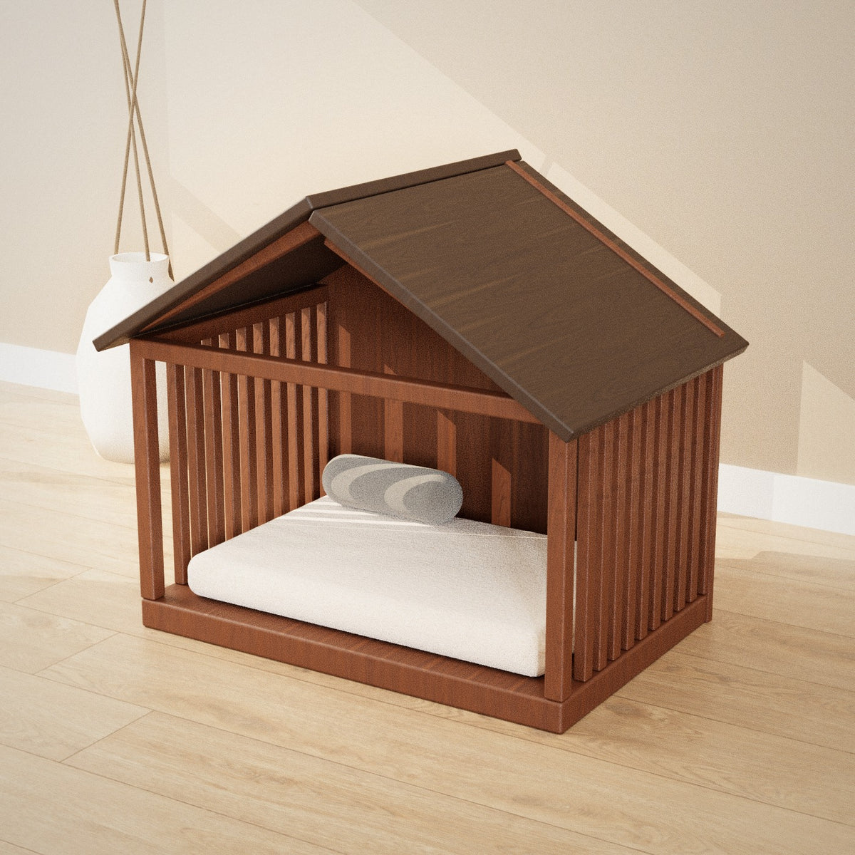 Machiya Pet House: open walnut pet house bed with slatted sides, a dark pitched roof and cream cushion