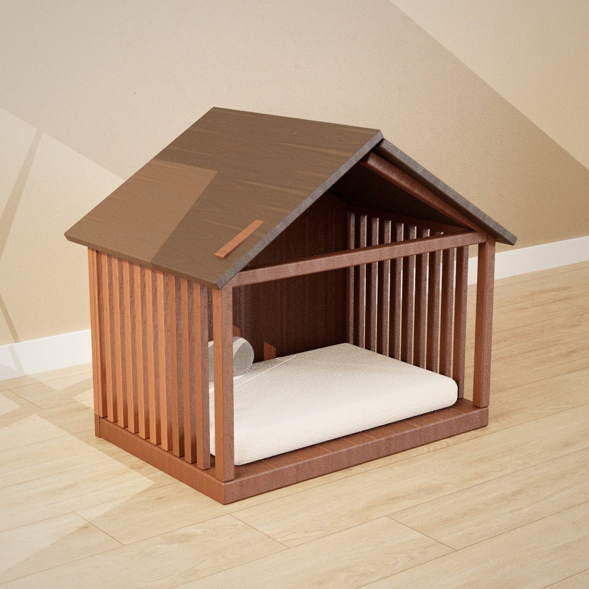 Machiya Pet House: open walnut pet house bed with slatted sides, a dark pitched roof and cream cushion, seen from the left