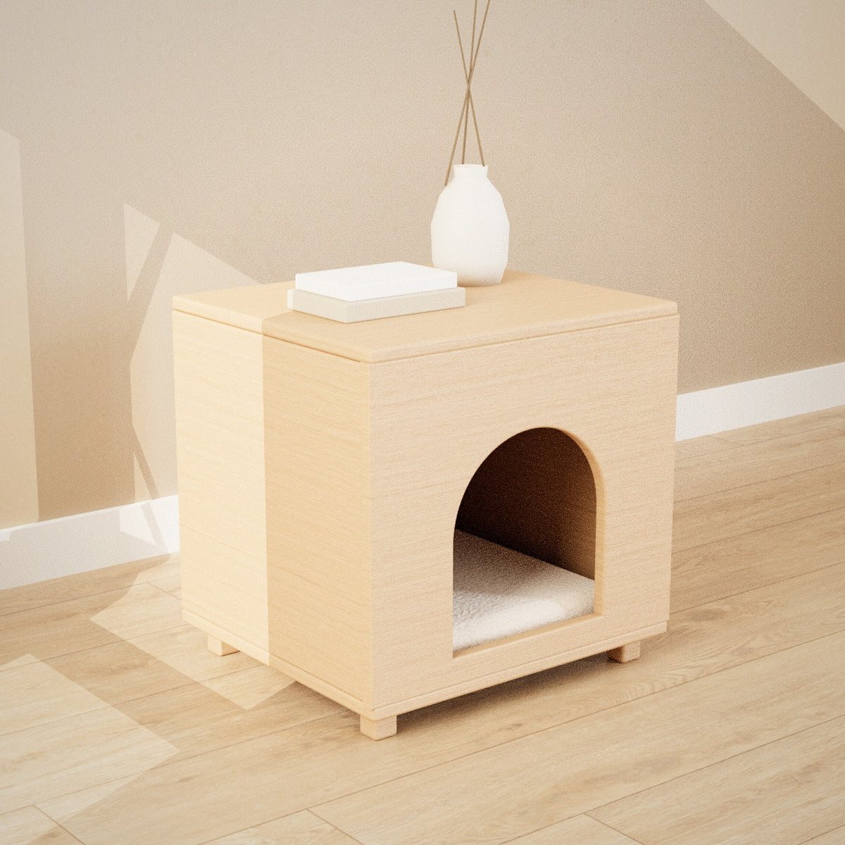 Tomo Pet Cube in natural wood: pet house with an arched doorway that doubles as a side table, seen from the left