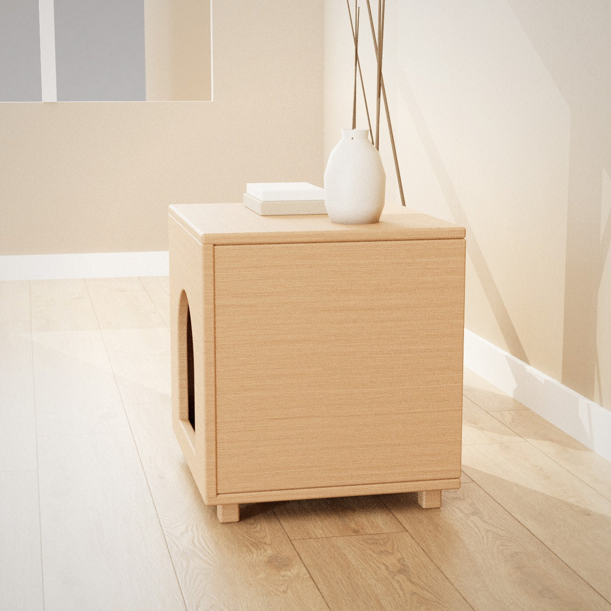 Tomo Pet Cube in natural wood: pet house with an arched doorway that doubles as a side table, seen from the side