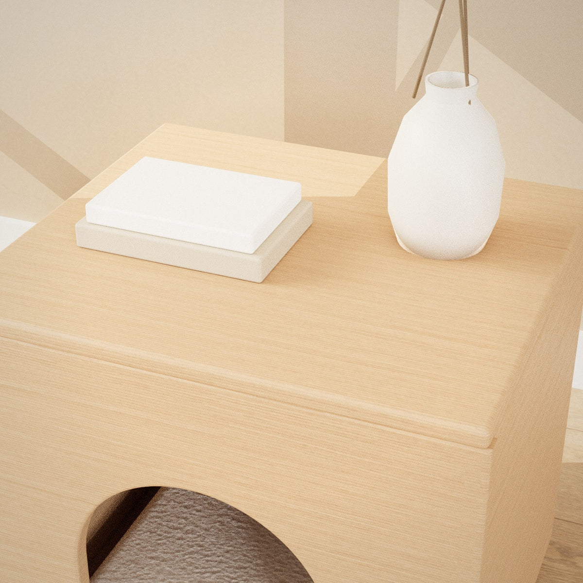 Tomo Pet Cube in natural wood: pet house with an arched doorway that doubles as a side table, close-up of the cushion and wood finish