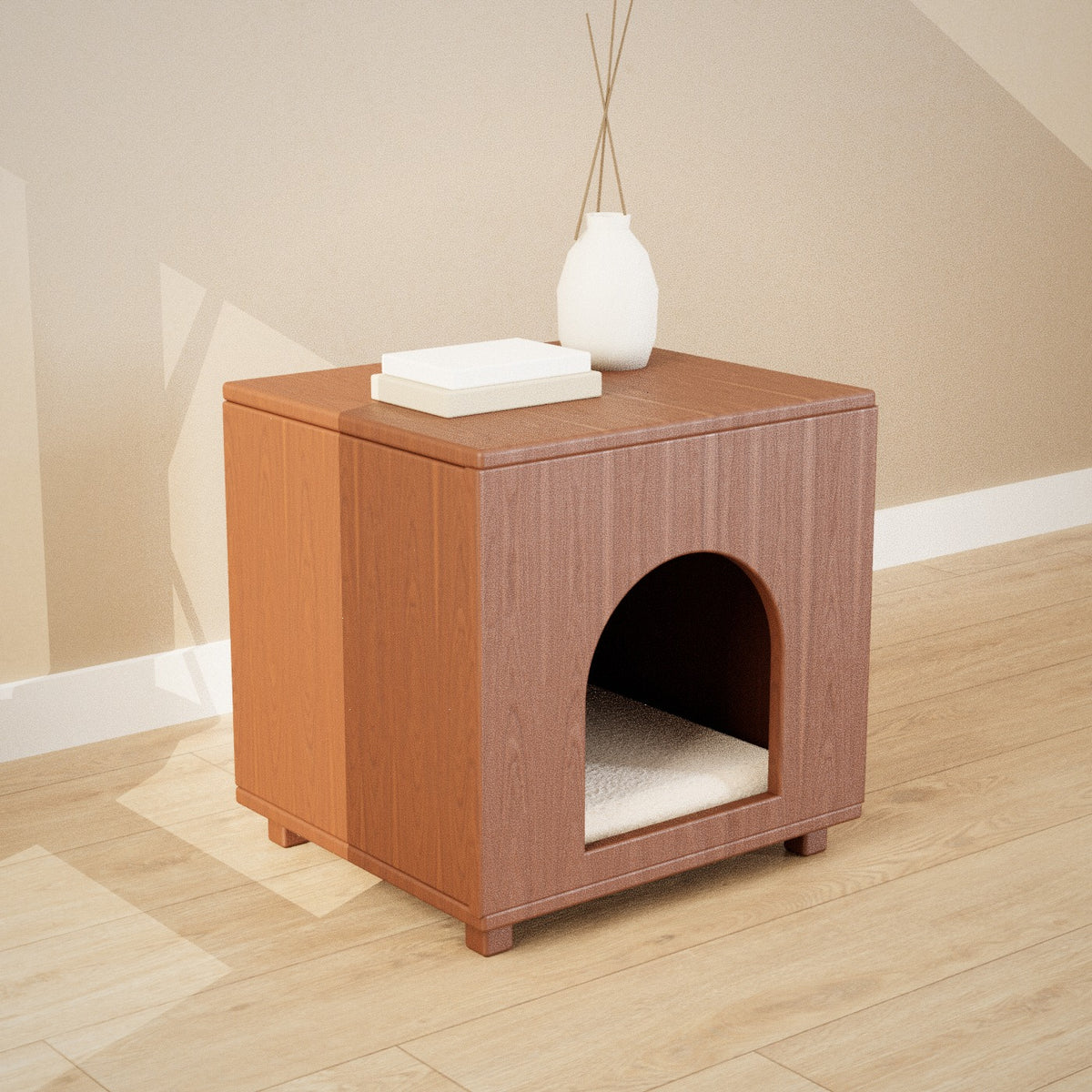 Tomo Pet Cube in walnut: pet house with an arched doorway that doubles as a side table, seen from the left